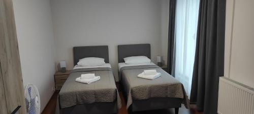 two twin beds in a room with a window at Apartmani METRO in Loznica
