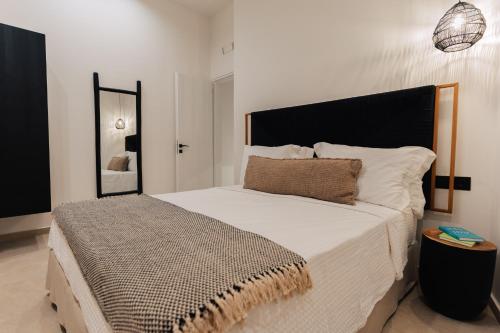 a bedroom with a large bed and a mirror at Erthā Suites with private pools in Vóthon