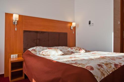 a bed with a wooden headboard and two pillows at Piastun SPA&Wellness Krynica-Zdrój in Krynica Zdrój