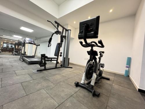 a gym with exercise bikes and a flat screen tv at Mynt Residence New Cairo one bedroom in Cairo