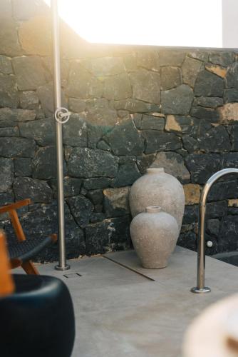 a large vase sitting next to a stone wall at Erthā Suites with private pools in Vóthon