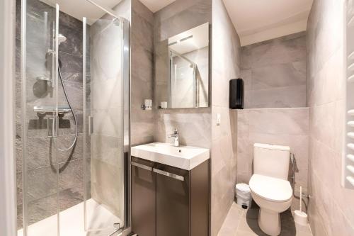a bathroom with a toilet and a shower and a sink at Privatisation Hostel in Faverges