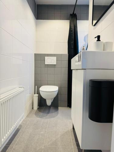a white bathroom with a toilet and a sink at Hello Katwijk - Zomerhuis Paul Krügerstraat 3 in Katwijk aan Zee