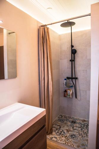 La salle de bains est pourvue d'une douche et d'un lavabo blanc. dans l'établissement Grande maison avec vue panoramique, à Thann