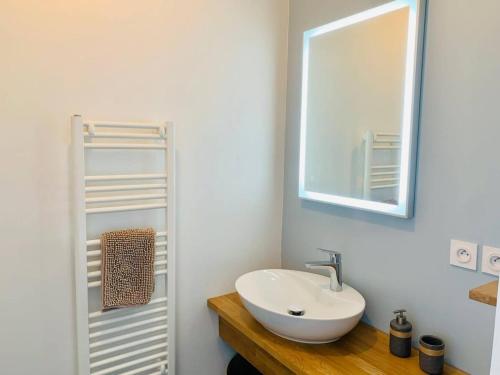 une salle de bain avec un lavabo blanc et un miroir dans l'établissement Le Treich Laplene - Parking Wifi, à La Rochelle