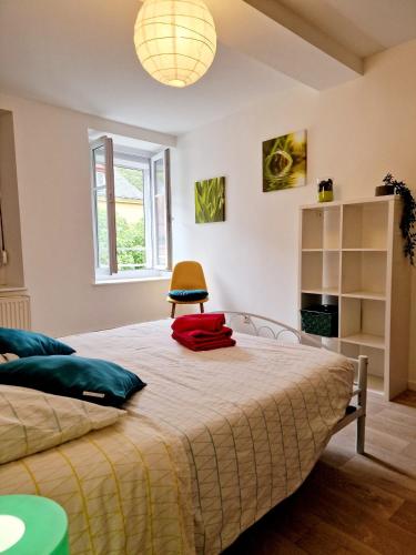 a bedroom with a bed and a chair and a window at Gîte de vac’s et d’affaires à Monthermé in Monthermé