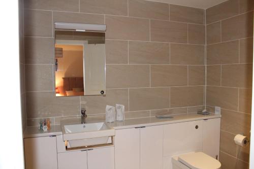 a bathroom with a sink and a toilet and a mirror at Shandon Farmhouse Bed and Breakfast in Drymen