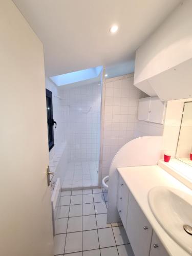 une salle de bain blanche avec une douche et un lavabo dans l'établissement Le Cabanon, à l'Île-aux-Moines