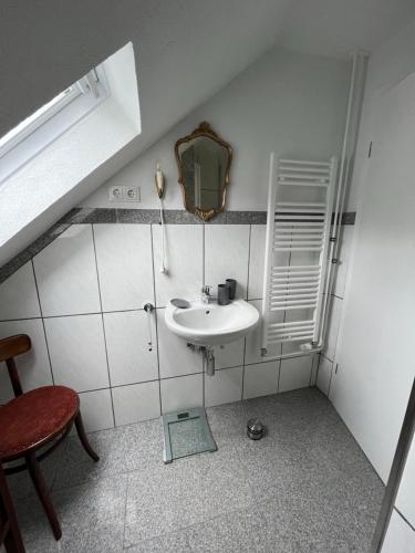 a bathroom with a sink and a mirror on the wall at Haus Arthur Klingels in Bad Bertrich