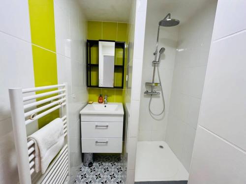 une salle de bain blanche avec un lavabo et une douche dans l'établissement Appartement Vue Port - Joli T2, à La Rochelle