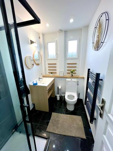 La salle de bains est pourvue de toilettes, d'un lavabo et d'un miroir. dans l'établissement Luxurino Résidence 3, à Launaguet