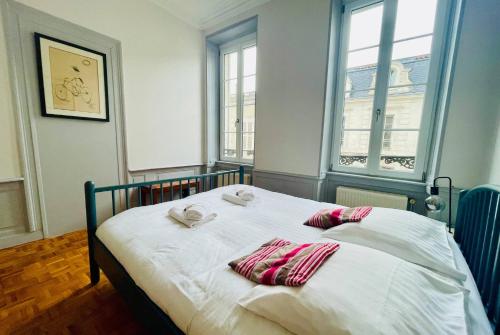 Un dormitorio con una cama con dos almohadas encima. en La Casa de Pape, Hypercentre, LR138, en La Rochelle