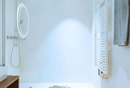 a bathroom with a shower and a mirror at HITrental Zur Metzgern Apartments in Luzern