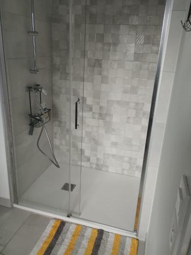 une douche avec une porte vitrée dans une salle de bain dans l'établissement Appartement a proximité du centre et de la Plage a Meze, à Mèze