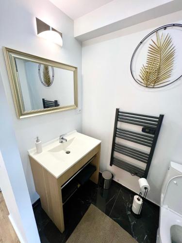 une salle de bain avec un lavabo et un miroir dans l'établissement Luxurino Résidence 4, à Launaguet