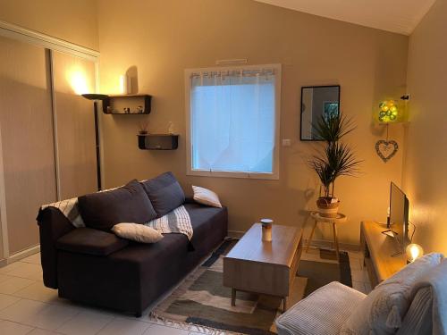 un salon avec un canapé et une table dans l'établissement Gîte Douceur de vivre, à Saint-Avaugourd-des-Landes