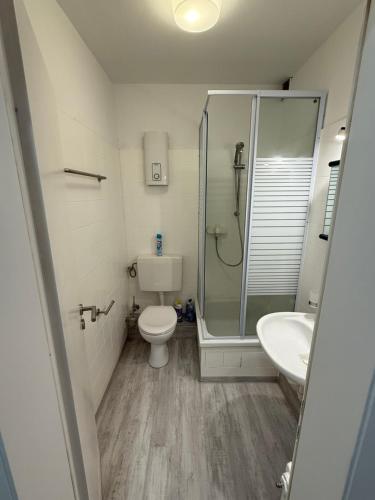 a bathroom with a shower and a toilet and a sink at Neu renovierte Whg nähe Wasserbahnhof und Krankenhaus mit Aufzug Große Küche in Mülheim an der Ruhr