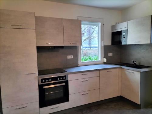 a kitchen with wooden cabinets and a stove top oven at Pension Rosenvilla in Sedlitz