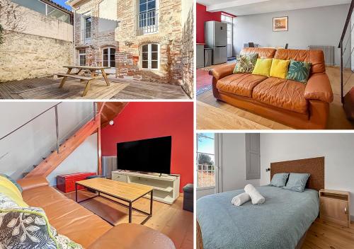 un collage de quatre photos d'un salon dans l'établissement T4 Centre Ville Grande Terrasse, à Agen