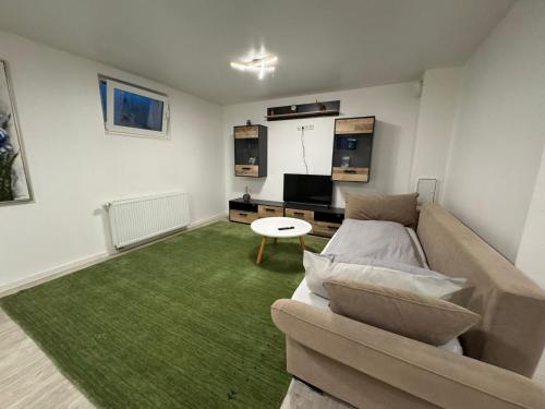 a living room with a couch and a green rug at Business Apartment in Kaiserslautern