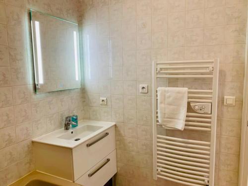 une salle de bain avec un lavabo et un miroir dans l'établissement Le Grand Cloutiers - Plein Centre Ville - Wifi, à La Rochelle
