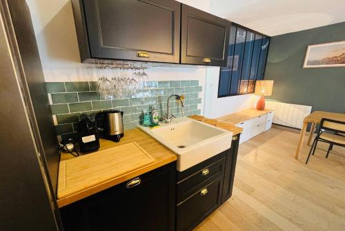 une cuisine avec un évier et un comptoir dans l'établissement Le Toit des Merciers - Hypercentre Wifi, à La Rochelle