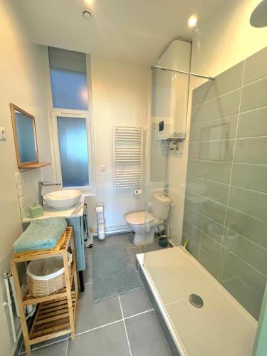 une salle de bain avec un lavabo, des toilettes et une douche dans l'établissement L'îlot vert, à Wimereux