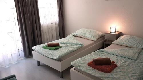 two twin beds in a room with a window at Appartement Lehnbach in Saas-Almagell
