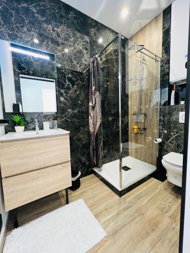 une salle de bain avec douche et lavabo dans l'établissement Appartement Moderne Centre-Ville, à Saint-Étienne