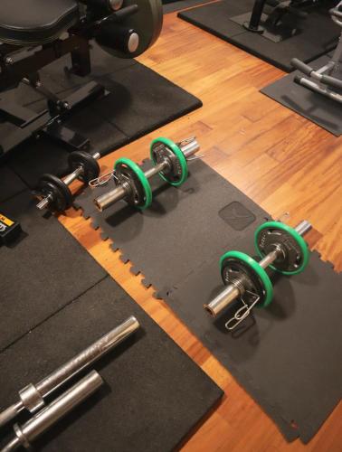 a gym with dumbbells and weights on the floor at Matilde's Luxury Villa in Isernia