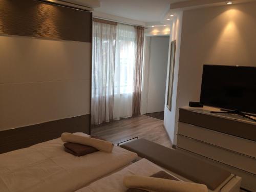 a living room with a bed and a television at Leiner Apartman in Hévíz