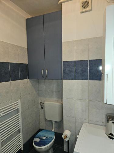 a bathroom with a toilet and a blue cabinet at Apartman Judita in Zagreb