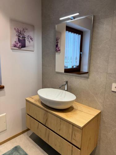 a bathroom with a sink and a mirror at Ciasa Enrico in Arabba