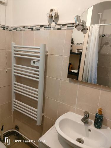 une salle de bain avec un lavabo et un miroir dans l'établissement Charmante maison de campagne, à Gouzeaucourt
