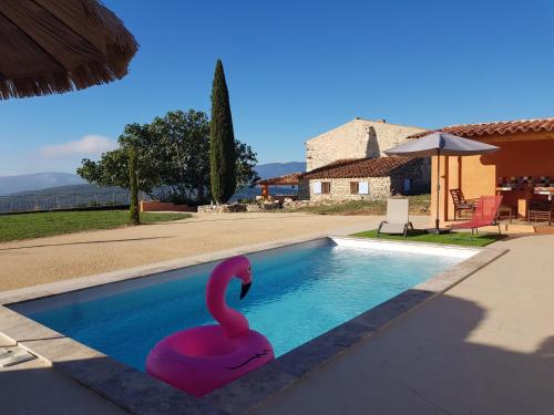 un cygne rose dans une piscine à côté d'une maison dans l'établissement Maison en Luberon, à Sainte-Croix-à-Lauze