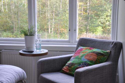 a chair with a pillow next to a window at Spånhults Herrgård Hotel in Norrahammar