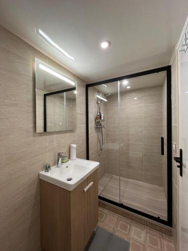 une salle de bain avec un lavabo et une douche dans l'établissement Maison Arnouville 15 mins CDG Airport 20 mins Paris, à Arnouville-lès-Gonesse