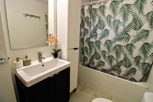 モリェット・ダル・バリェスにあるCosy and Sunny apartment near Barcelonaの洗面台とシャワーカーテン付きのバスルーム