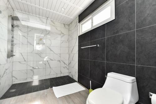 a bathroom with a toilet and a shower at Aloe B&B in Oranjestad