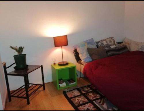 - un salon avec un lit et une table avec une lampe dans l'établissement Chambre plein centre, à Nantes