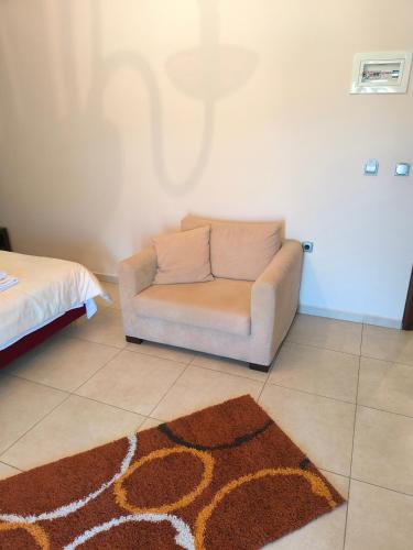 a living room with a couch and a rug at Faraggi Hotel in Simvolí