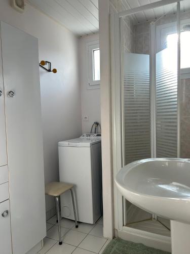 une salle de bain avec un lavabo et une machine à laver dans l'établissement 1 - Maison de pêcheur Pré vert, à Pornic
