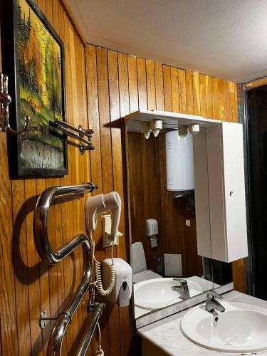a bathroom with two sinks and a mirror at Smerekova Hata in Slavske