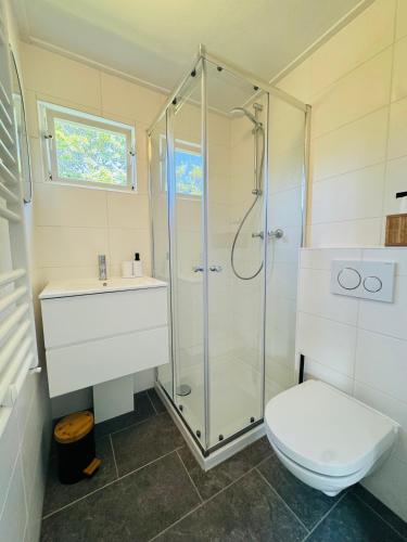 une salle de bains avec douche, toilettes et lavabo dans l'établissement Familie Vakantiehuis - Zonneweelde, à Noordwijk aan Zee