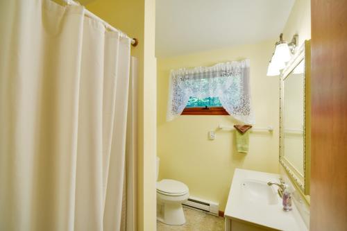 a bathroom with a toilet and a shower curtain at Cherry Cottage - Walk to Peninsula State Park! in Ephraim