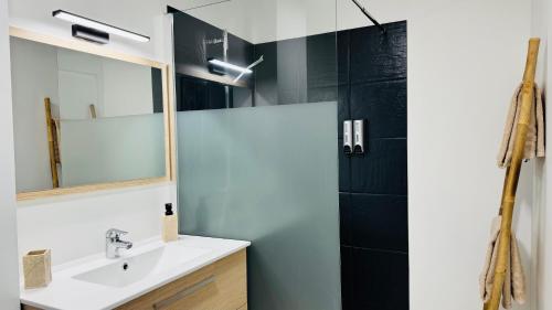 une salle de bain avec un lavabo et une douche dans l'établissement L'Ecrin Douceur - Parking privée & Proche gare, à Sainte-Savine