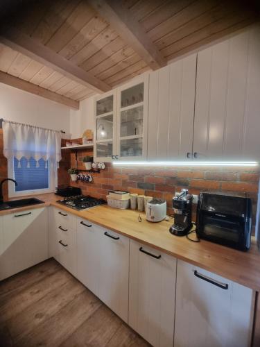 een keuken met witte kasten en een aanrechtblad bij Przystanek Leszczyniec w Sudetach z jacuzzi - za dopłatą in Leszczyniec