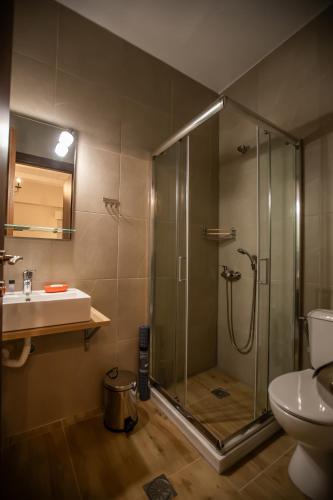 a bathroom with a shower and a toilet and a sink at Ξαπόσταμα XAPOSTAMA - Ενοικιαζόμενα Δωμάτια in Kalyvia
