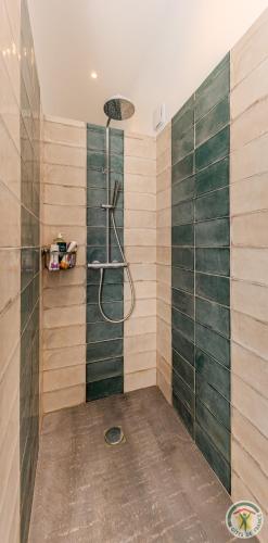 a bathroom with a shower with wooden walls at Un Petit Château in Lauzun