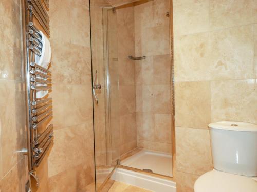 a bathroom with a shower with a toilet at Blue Horizon in Port Isaac